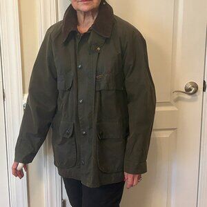 Barbour Olive Green Waxed Cotton Jacket with Brown Corduroy Collar